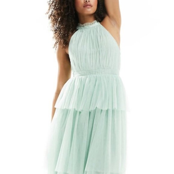 Vila halterneck tulle Midi dress with tiered skirt in mint green in Size 4 - Picture 4 of 5